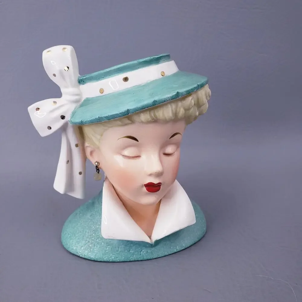 Vintage 1959 Napco Lady Head Vase C3959C Lucille Ball Lucy Aqua Hat 5